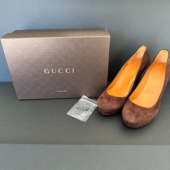 Gucci Cocoa Nappa Charlotte Platform Pumps Heels Size 38 - Picture 1 of 15